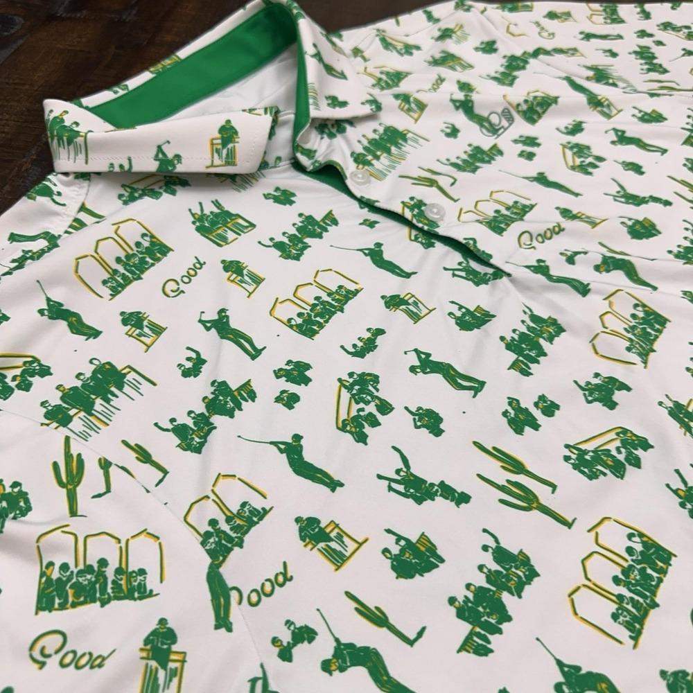 Good Good Golf Polo Shirt Mens XL White Golf Crowd Print Performance Stretch